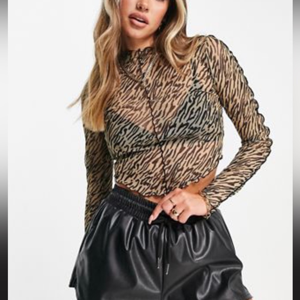 ASOS zebra print mesh brown and black ruffled trim long sleeve crop top 4 (S)